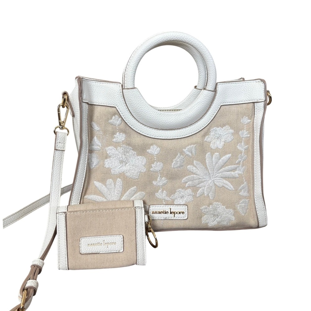 Nanette Lepore Shawna Embroidered Floral Handbag and Wallet Beige and Cream